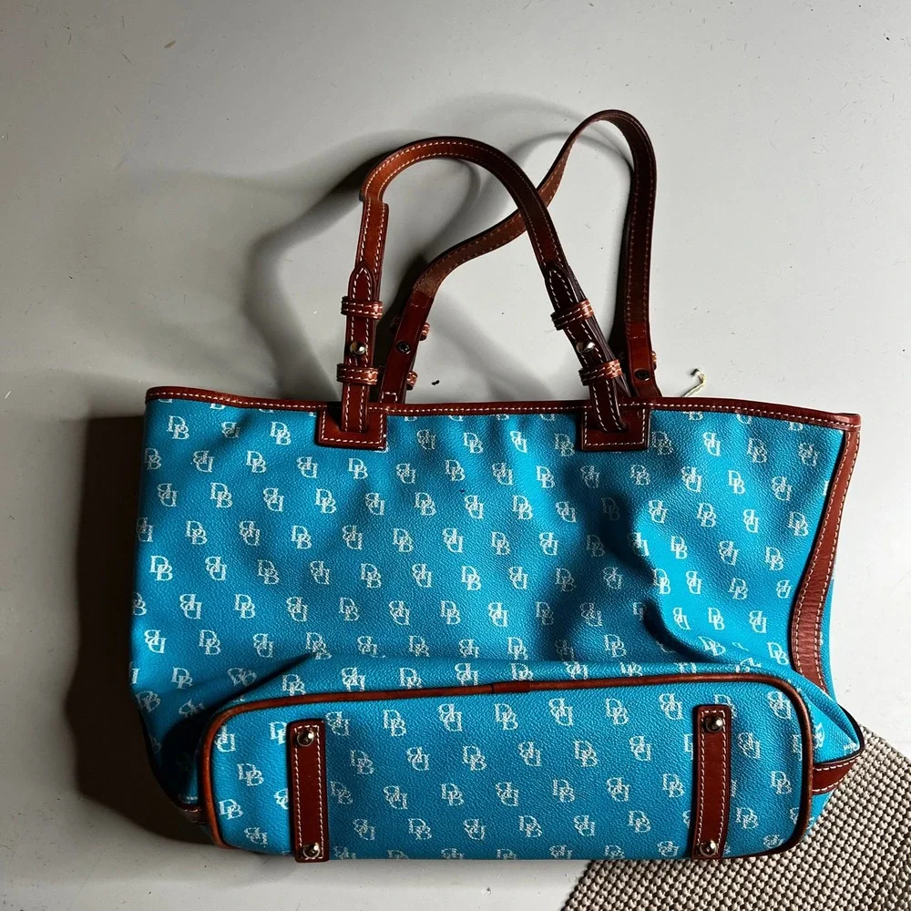 Dooney & Bourke Monogram Tote Bag Turquoise Blue Coated Cotton Leather Trim